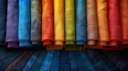 Colorful fabric rolls arranged neatly in a vibrant display showcasing various hues and textures