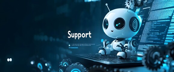 An engaging image of a robot AI assistant offering support, depicted with floating gears and a high-tech laptop interface