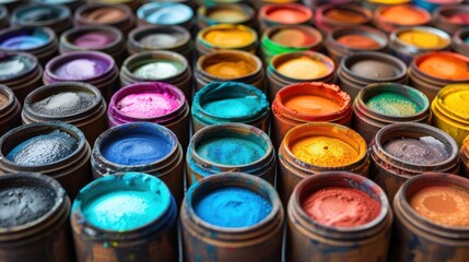Colorful assortment of paint pots arranged in a vibrant display at an artist's studio, showcasing various hues and textures