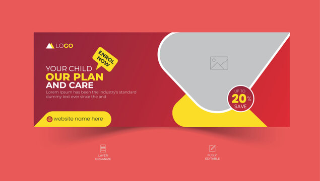 School admission facebook cover design, back-to-school social media banner, online education banner ads template.	