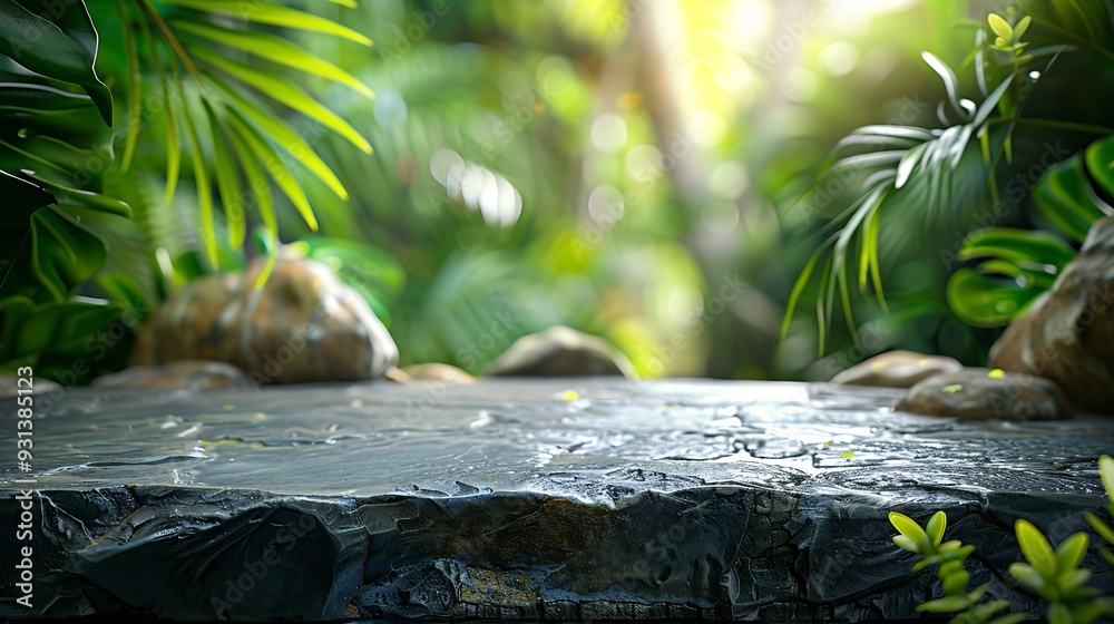 Aufkleber stone table top in jungle forest with blur palm tree natural tropical scene for organic product plac