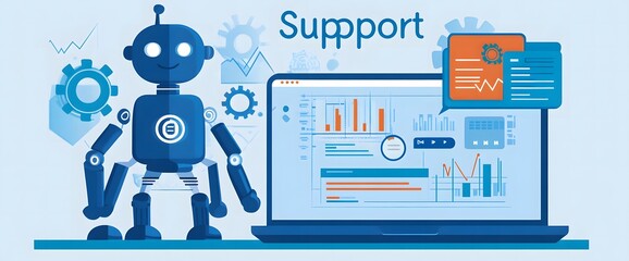 An engaging image of a robot AI assistant offering support, depicted with floating gears and a high-tech laptop interface