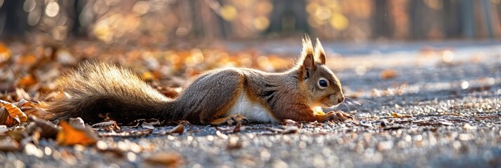 Adorable fluffy brown squirrel stretching on the ground