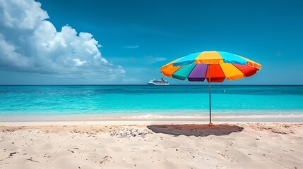 Multicolour vibrant rainbow beach umbrella on a beautiful hot and clear sunny day with cruise ship on the horizon turquoise water Arashi Beach Aruba Caribbean Sea Photo taken in Februa : Generative AI