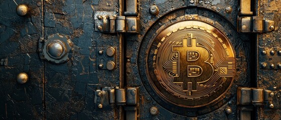 Fototapeta premium Bitcoin symbol on a secure vault door