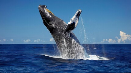 Fototapeta premium Magnificent whale breaching in open ocean,