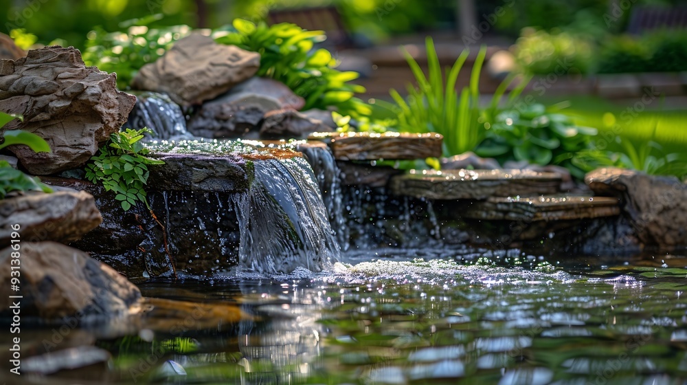 Poster green cozy garden with a small waterfall and rocks and structures in the pond : generative ai
