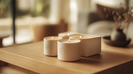 An elegant artisanal candle subscription box with a smooth, cream-colored exterior and a minimalist, embossed logo, featuring an assortment of candles in muted pastels, set against a blurred