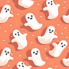 Naklejka premium Cute Cartoon Ghost Pattern in Vibrant Halloween Themed Banner Background