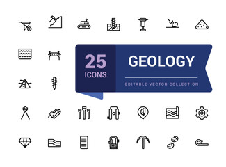 Simple set of geology icons. Line art style icons bundle. Pixel perfect, minimalistic outline icons collection. Editable vector illustration.