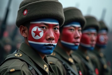 Soldiers with the North Korea flag painted on faces. Generative AI