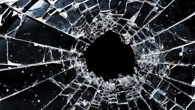 Close-up of shattered glass with a central hole and radiating cracks. Broken window concept