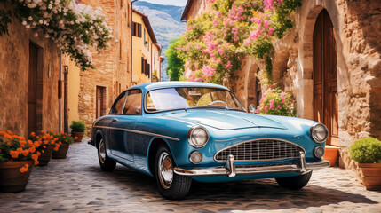 blue old vintage oldtimer car in a italy street, art design