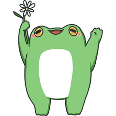 Happy Cartoon Frog Holding White Flower