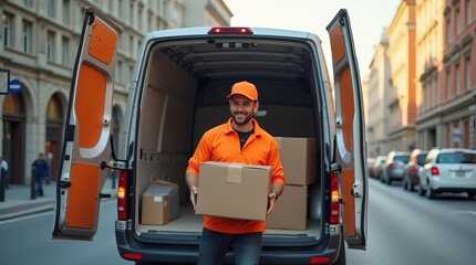 Efficient Courier Delivery Service: Professional Driver Unloading Packages from Orange Van in Urban Street Scene