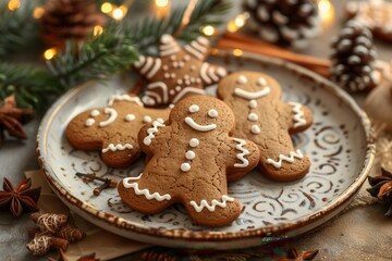 Gingerbread Cookies. Christmas Baked Traditions on Vintage Plate with Pine Cones and Golden Lights
