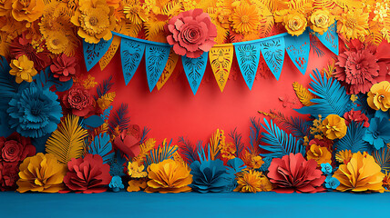 A festive Latin American celebration, with vibrant decorations and flags.