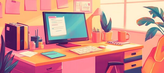 cartoon illustration of an office desk with a computer, notebook, and other stationery items,workspace