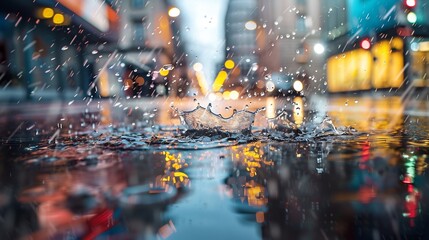 Rain Droplet Splashing in a City Puddle at Night