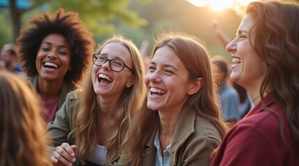 Joyful Diverse Female Friends Laughing Together Outdoors in Natural Sunlight