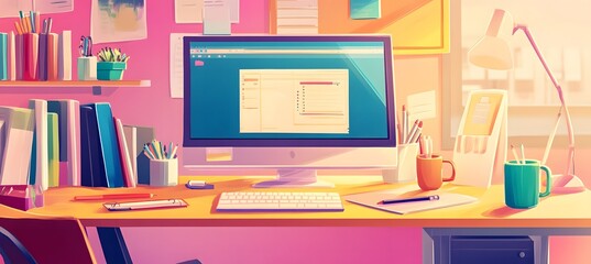 Naklejka premium cartoon illustration of an office desk with a computer, notebook, and other stationery items,workspace