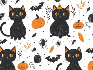 Fototapeta premium Enchanting Black Cat Pattern with Pumpkins and Bats for Halloween Postcards and Banners