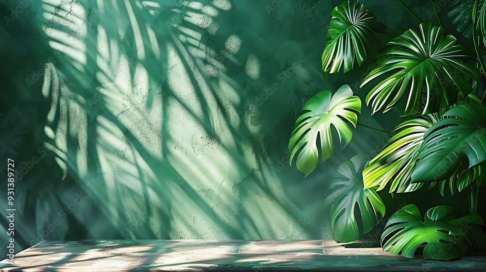 Poster Empty table on khaki green texture wall background Composition with monstera leaves shadow on the wall and light reflections Mock up for presentation branding products cosmetics food o : Generative AI
