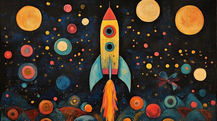 Naklejka premium Abstract painting of a rocket launching into space with stars and planets surrounding it.