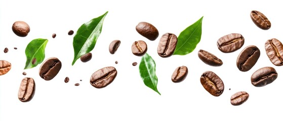 Obraz premium Coffee Beans and Leaves Falling Through Air