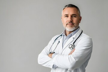 Cheerful mature doctor posing and smiling at camera, healthcare and medicine