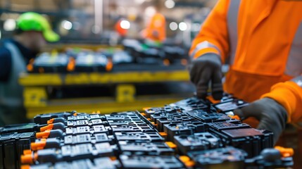 Sorting and Processing Used Car Batteries in Recycling Plant: Workers in Protective Gear Managing Battery Waste