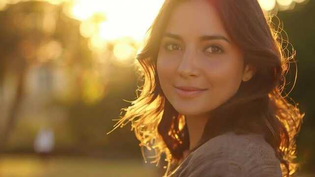 a woman  smiling at the camera with  the sun  shining behind her