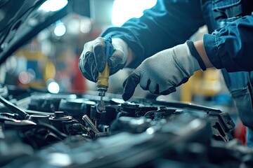 Auto mechanic working on car broken engine in mechanics service or garage. Transport maintenance wrench detial