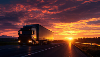 A truck driving on a highway at sunset with a vibrant sky and scenic landscape in the background.