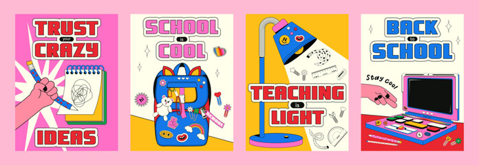 Naklejka premium Set of trendy vertical cards with a back to school theme in retro style y2k. Vector illustration of a teenage school backpack, desk lamp, vintage laptop with various stickers.