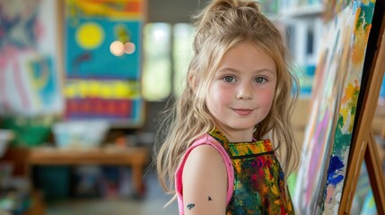 Caucasian Children with Blonde Hair Painting on Easel in School