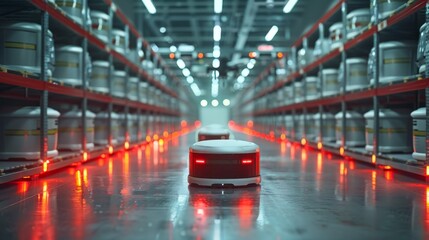 Automated Warehouse with Red-Lit Robotic System