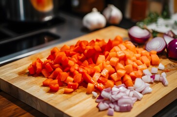 Chopped veggies, cutting board and meal prep for chef, restaurant and bistro for healthy eating