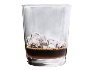 A glass of iced coffee with ice cubes almost empty.