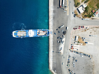 Aerial view of a car ferry ship loading at the port of Rio, Antirio, Patras, Greece