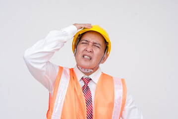 A construction project manager or engineer in a safety helmet and vest looking very frustrated and cussing. Isolated on a white background.