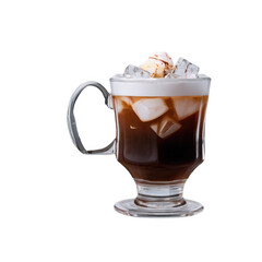 Iced coffee with a scoop of vanilla ice cream and ice cubes in a glass mug with a handle.