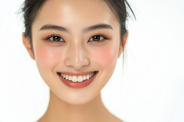 Obraz premium Asian woman positive smile on white background, beauty positive smile