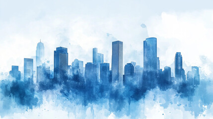 Obraz premium Watercolor skyline of a modern city with tall buildings during a clear day