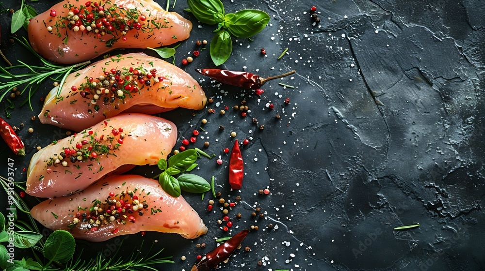 Poster fresh chicken fillet on a dark concrete table with spices and herbs preparation for cooking meat dis