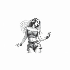 Naklejka premium A realistic sketch of a woman dancing while wearing headphones.
