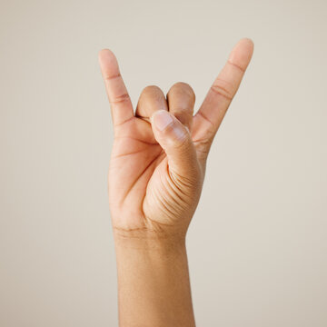 Rock and roll, hands and person with icon in studio background for festival communication, punk sign and metal music. Devil horns, emoji and show rebel for opinion, funky concert and band aesthetic