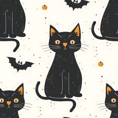 Seamless Halloween Pattern with Cute Black Cats  Bats  and Pumpkins on a Dark Backdrop