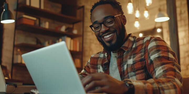 Jovial Man Reading Paperwork at Desk