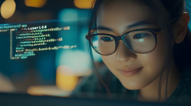 Computer programmer, software engineer typing, coding javascript on laptop computer, software development concept